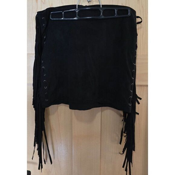 Black Faux Suede Fringe Lace-Up Skirt With Eyelet Detailing Whimsigoth Y2K - Picture 1 of 9